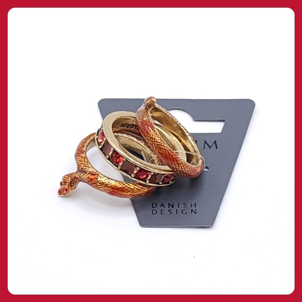 Pilgrim Gold Snake Ring Set Red Swarovski Crystal Stackable